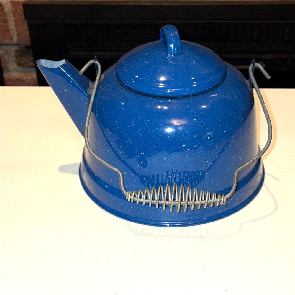 Blue Enamel Teapot with Handle